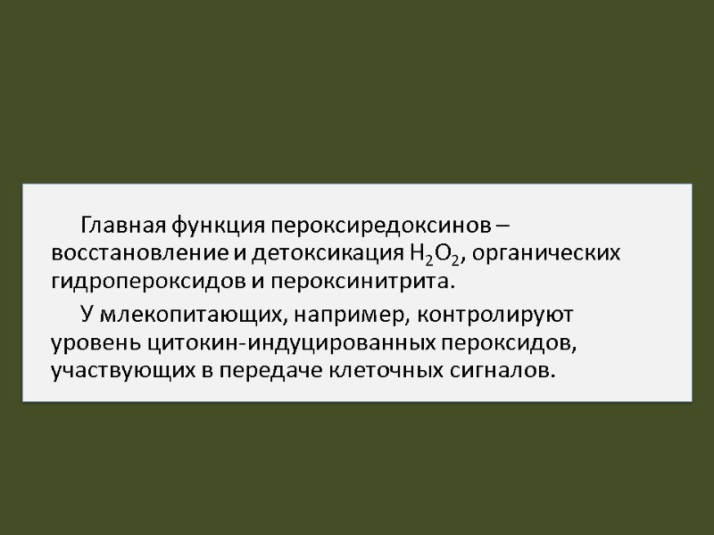 Главная функция пероксиредоксинов – восстановление и детоксикация Н2О2, органических гидропероксидов и пероксинитрита.  У